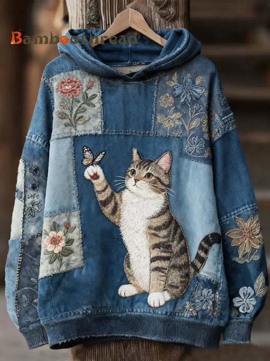 Women’s Casual Patchwork Cat Print Hoodie As picture / S