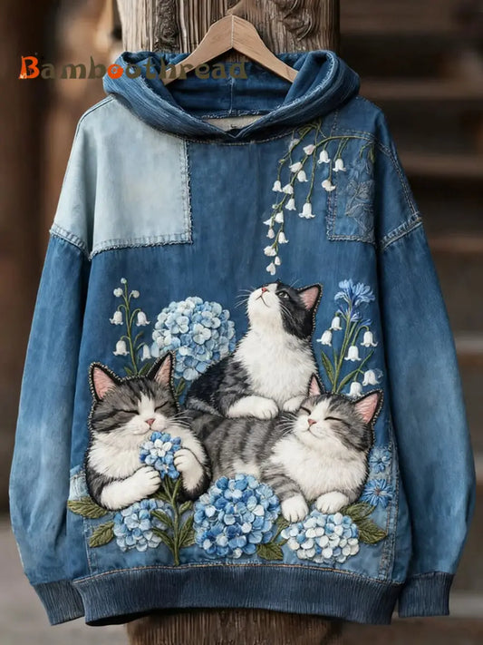 Women’s Casual Patchwork Cat Print Hoodie As picture / S