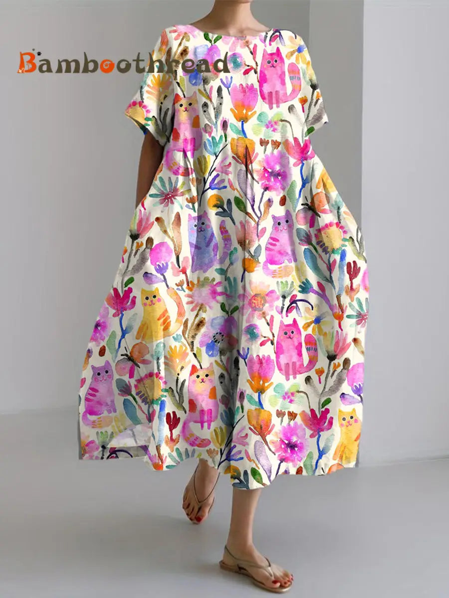 Women’s Cat and Flowers Watercolor Art Print Linen Dress As picture / S