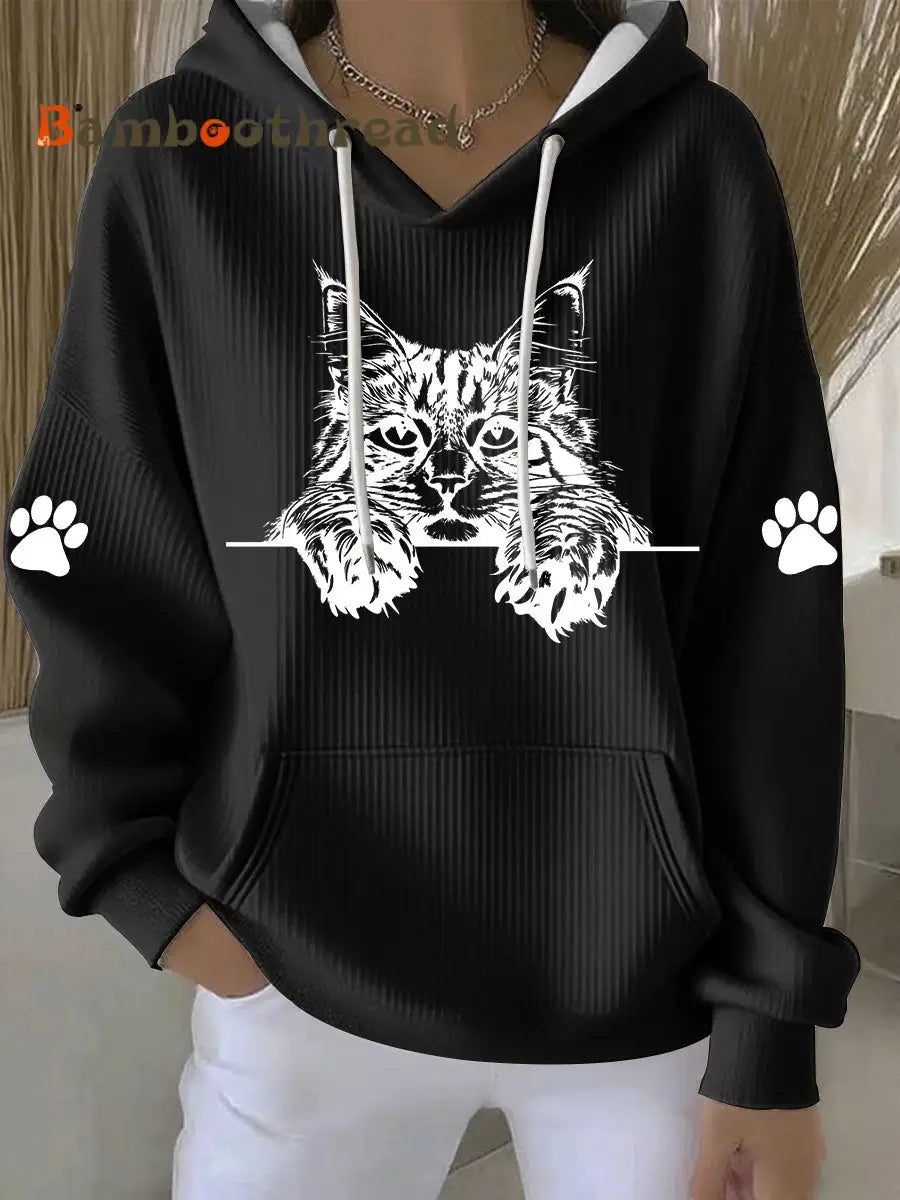 Women’s Cat Art Print Casual Hoodie Black / S