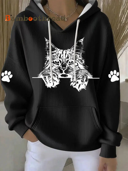 Women’s Cat Art Print Casual Hoodie Black / S