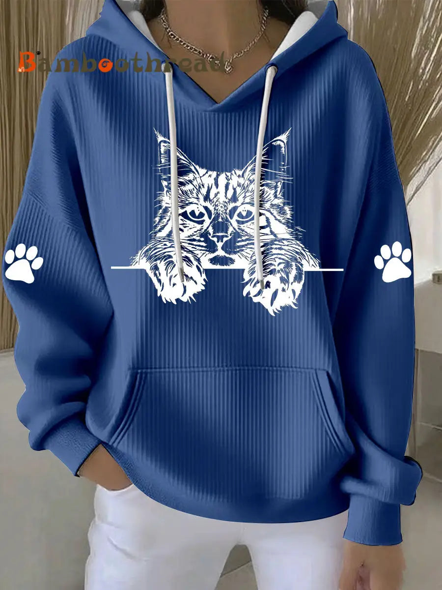 Women’s Cat Art Print Casual Hoodie Blue / S