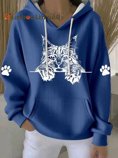 Women’s Cat Art Print Casual Hoodie Blue / S