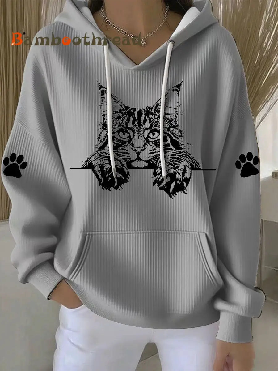 Women’s Cat Art Print Casual Hoodie Gray / S
