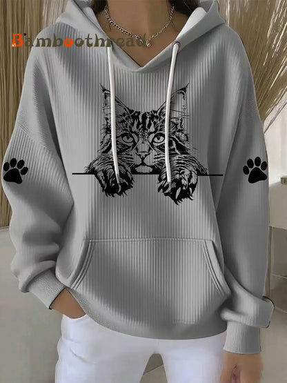 Women’s Cat Art Print Casual Hoodie Gray / S