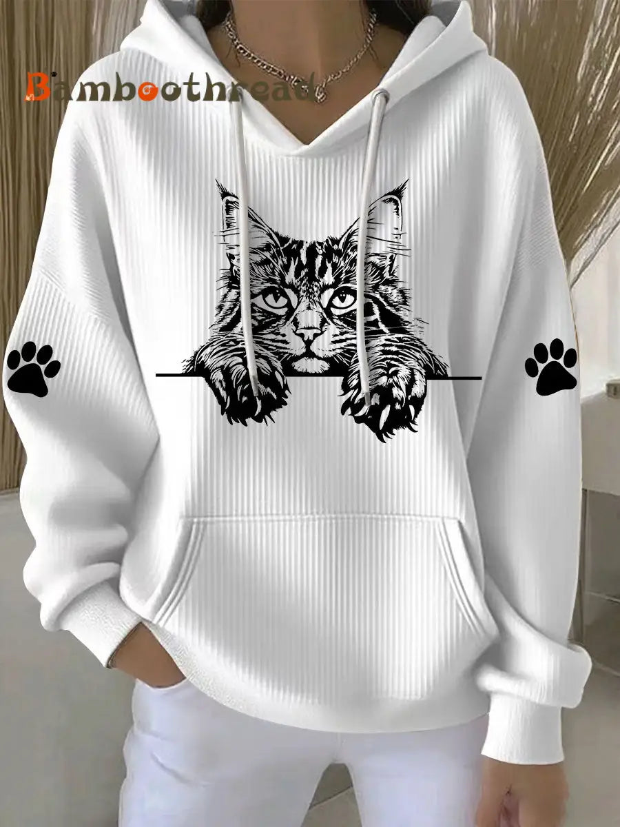 Women’s Cat Art Print Casual Hoodie White / S