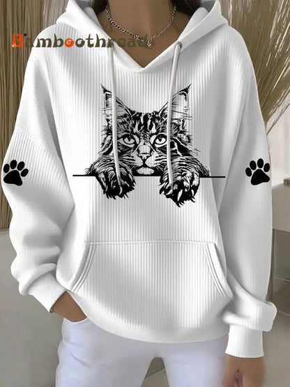 Women’s Cat Art Print Casual Hoodie White / S