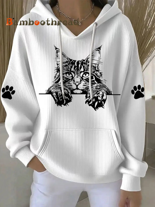Women’s Cat Art Print Casual Hoodie White / S