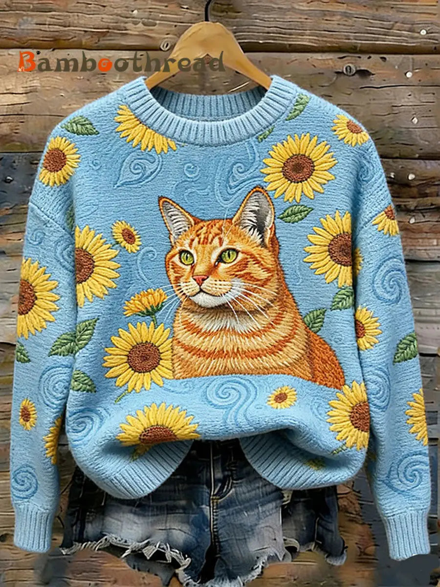 Women’s Cat Art Print Casual Sweatshirt Blue / S