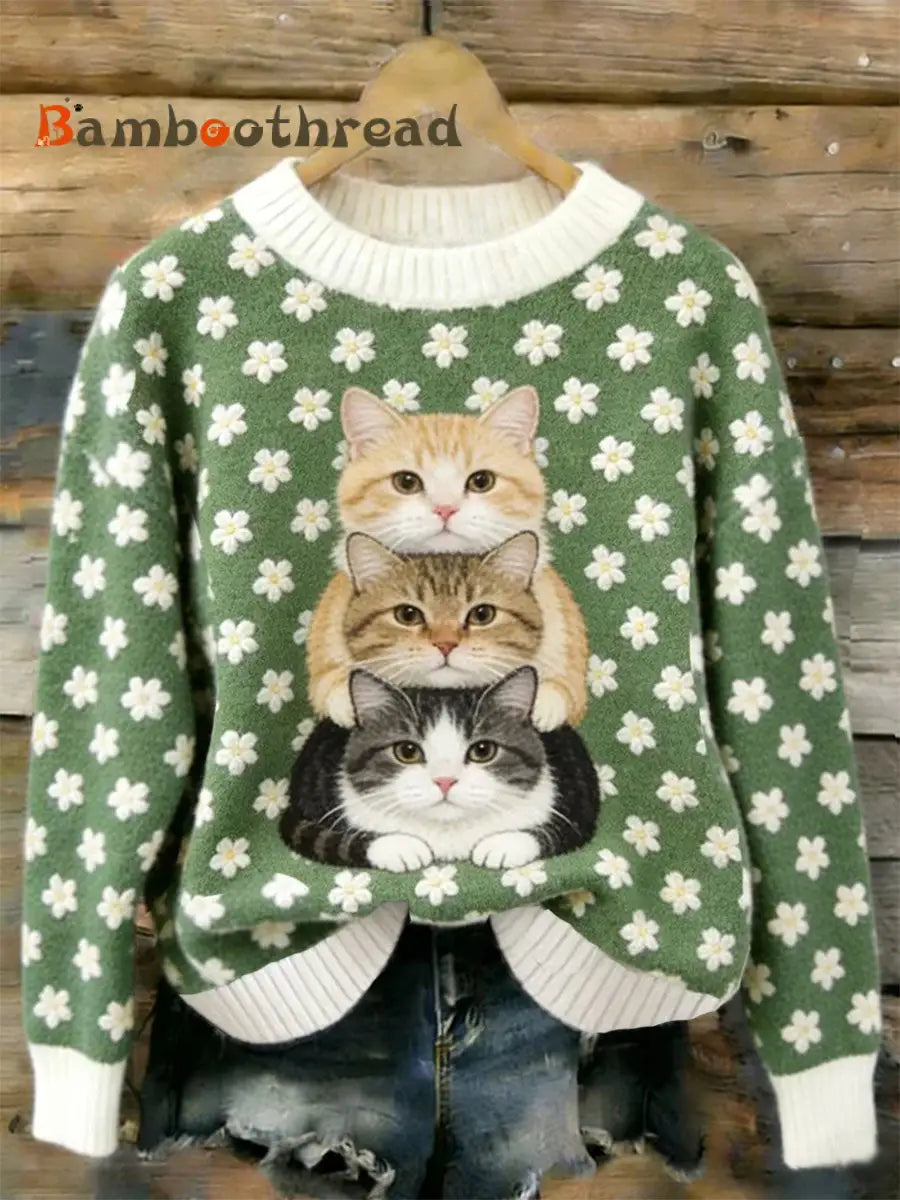 Women’s Cat Art Print Casual Sweatshirt Green / S