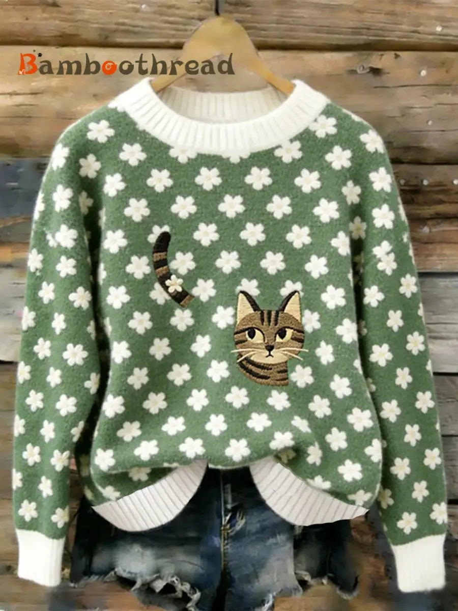 Women’s Cat Art Print Casual Sweatshirt Green / S