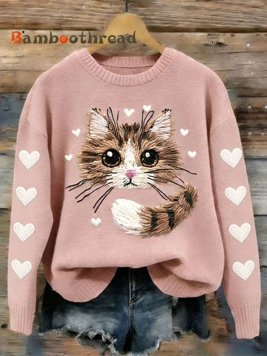 Women’s Cat Art Print Casual Sweatshirt Pink / S
