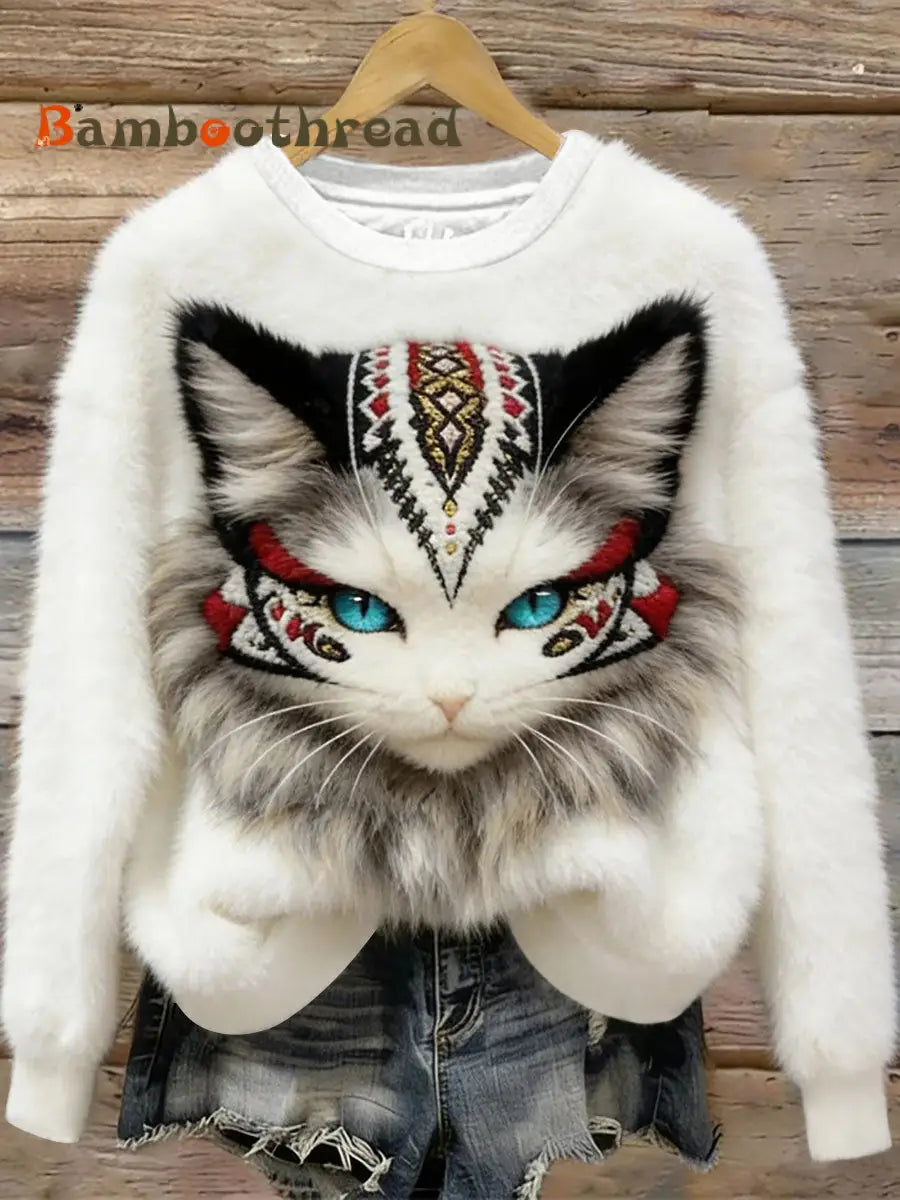 Women’s Cat Art Print Casual Sweatshirt White / S