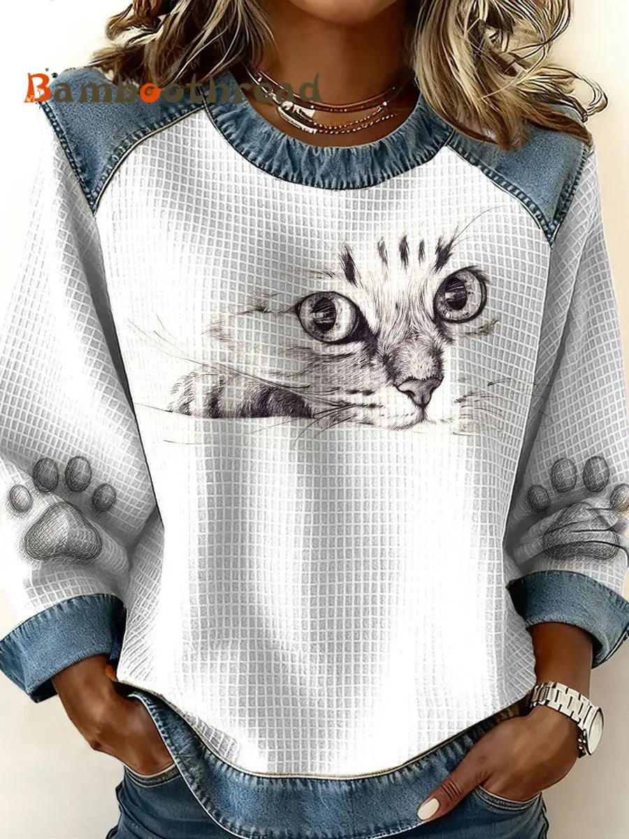 Women’s Cat Art Print Casual Top White / S