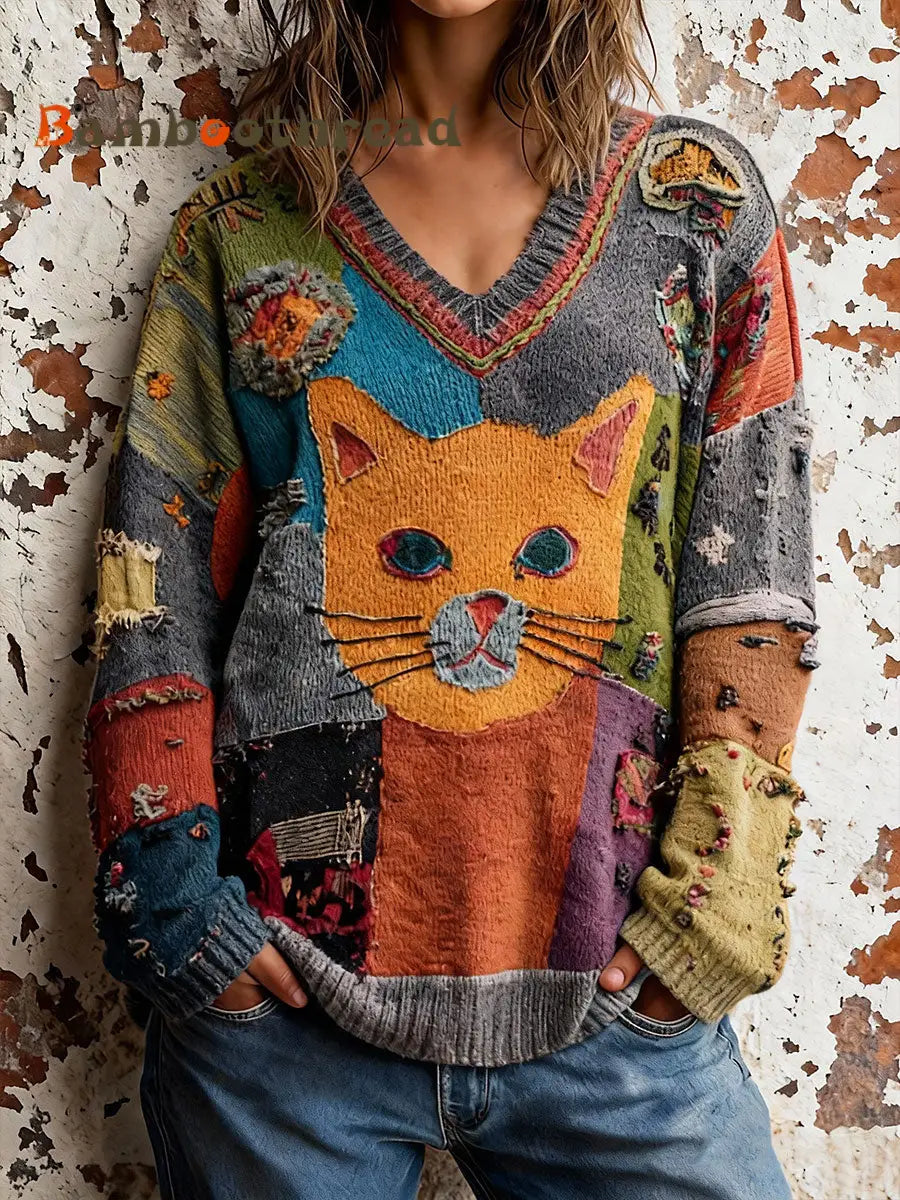 Women’s Cat Art V-Neck Tops As picture / S