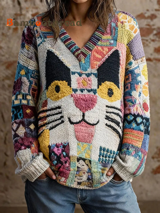 Women’s Cat Art V-Neck Tops As picture / S