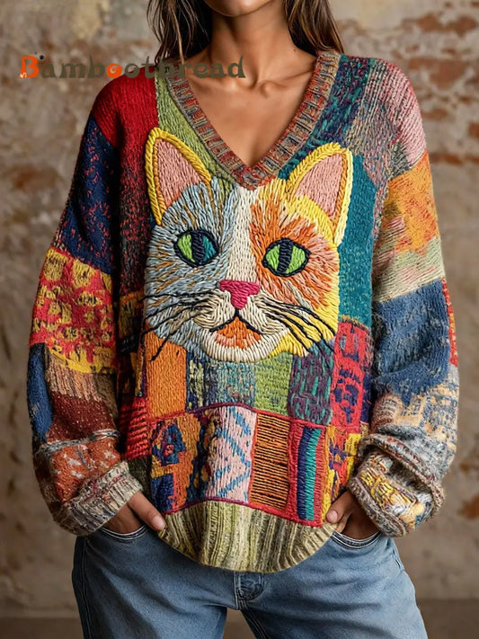 Women’s Cat Art V-Neck Tops As picture / S