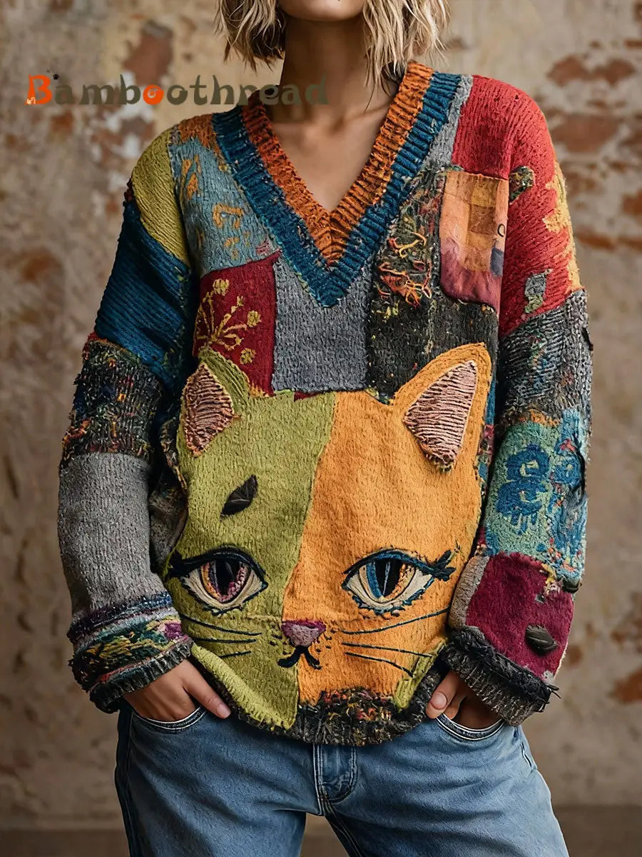 Women’s Cat Art V-Neck Tops As picture / S