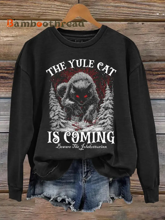 Women’s Cat Christmas The Yule Cat Is Coming Art Print polyester sweatshirt Black / S