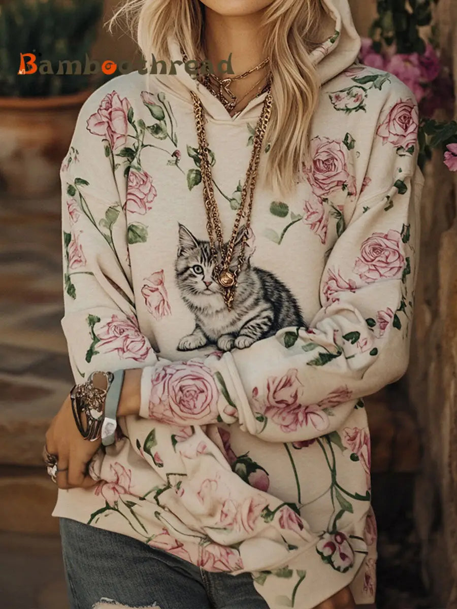 Women’s Cat Floral Hoodies As picture / S