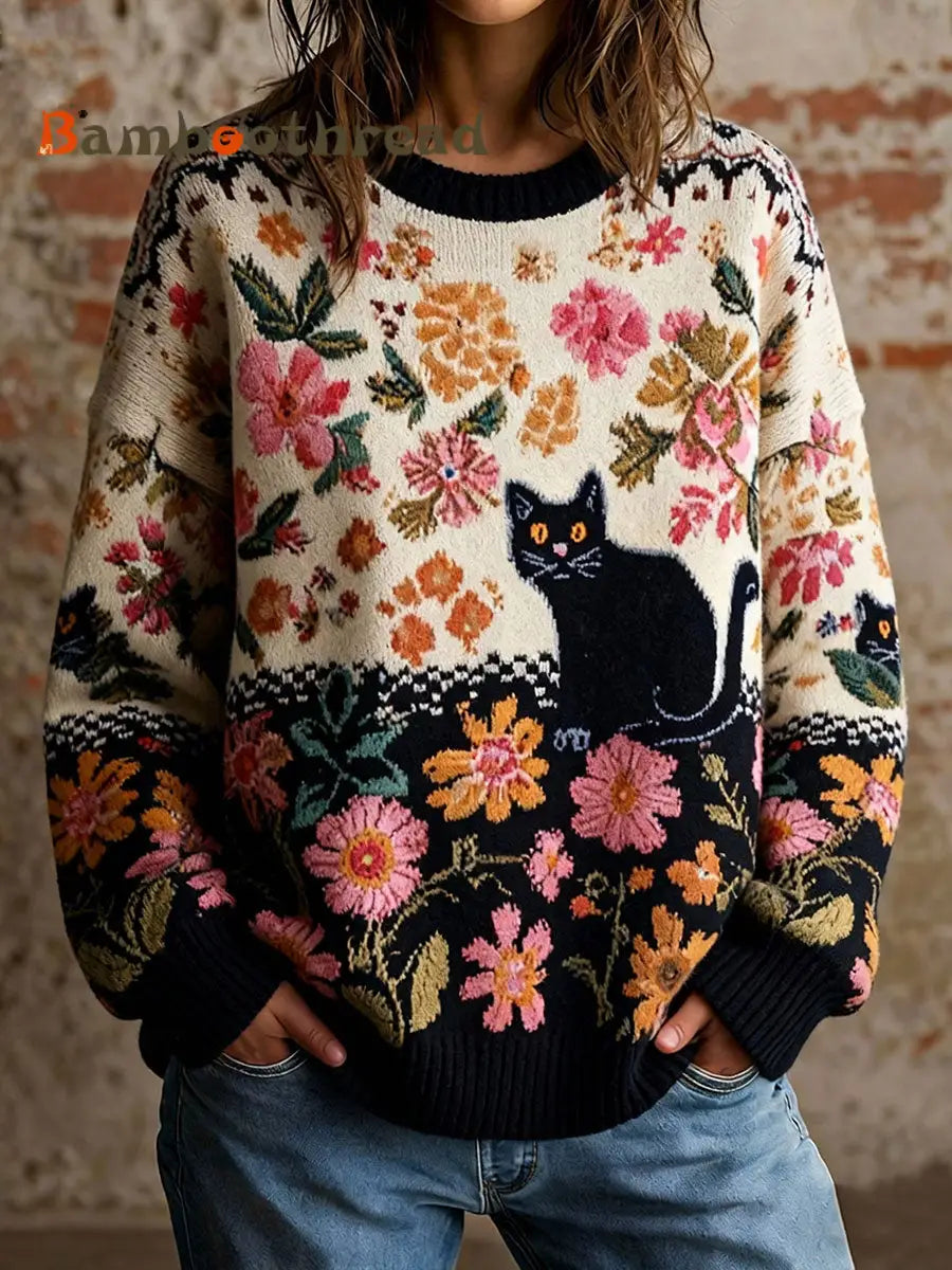Women’s Cat Floral Vintage Tops As picture / S