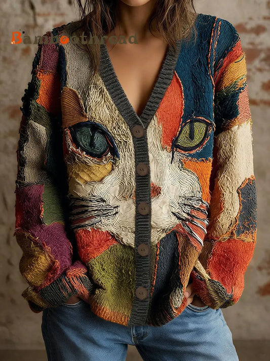 Women’s Cat Geometric Art Print Cardigans As picture / S