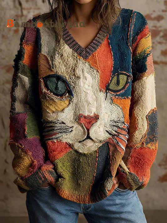 Women’s Cat Geometric Art Print V-Neck Tops As picture / S