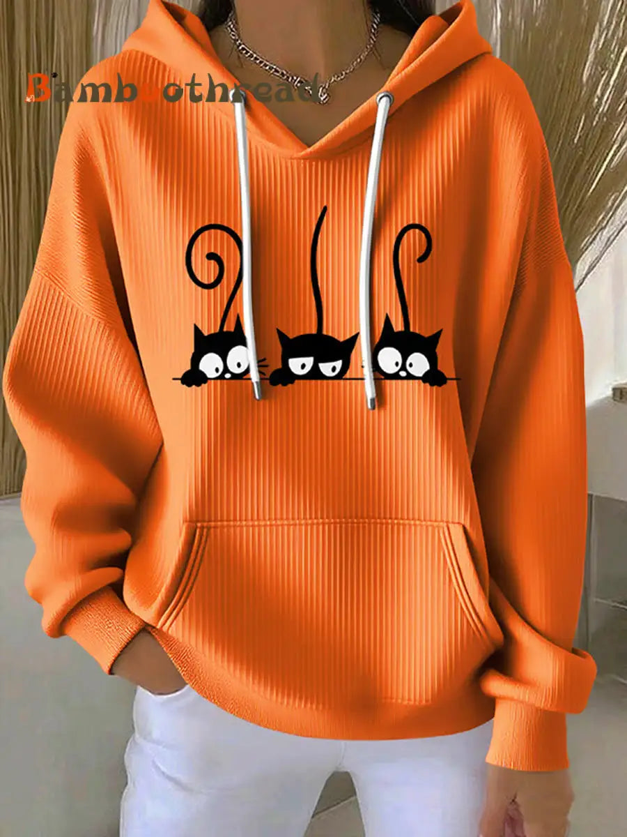 Women’s Cat Lover Cute Cat Printed Hoodie Orange / S