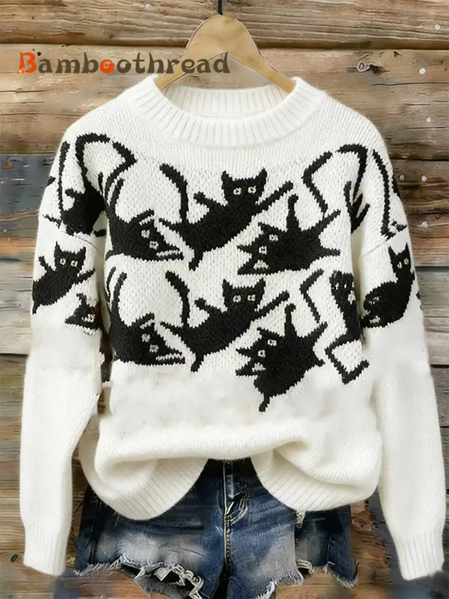 Women’s Cat Pattern Printed Round Neck Sweater White / S