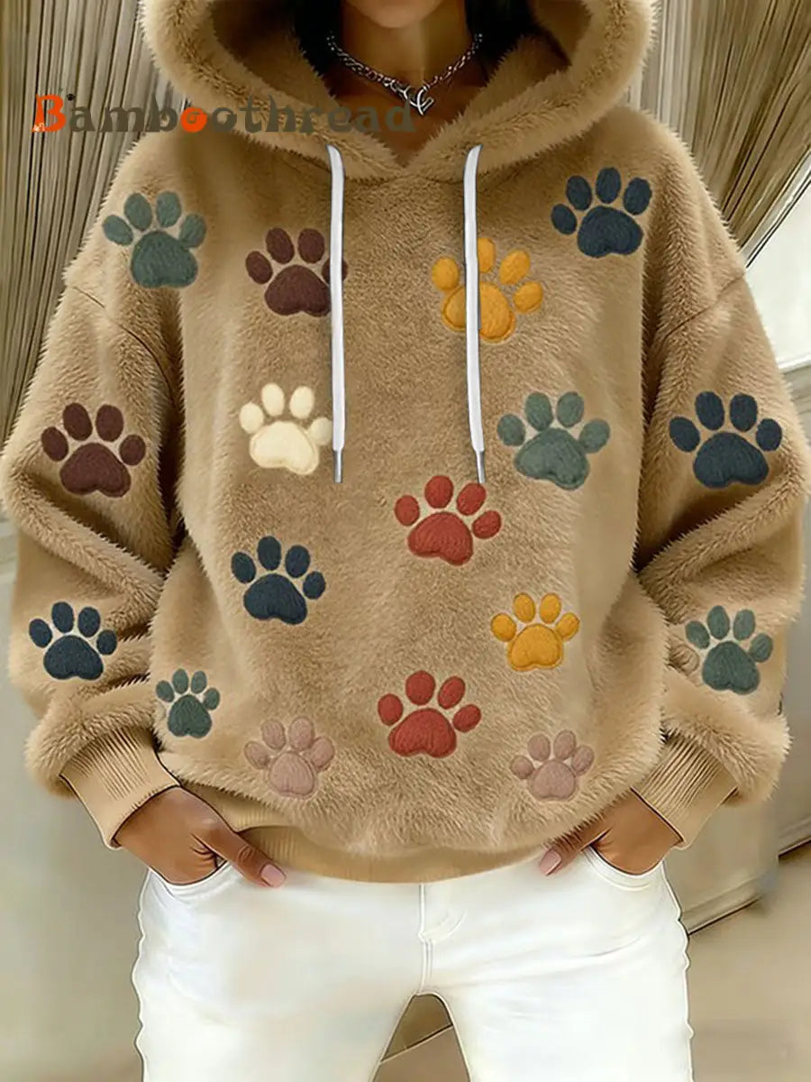 Women’s Cat Paw Printed Flannel Hoodie Khaki / S