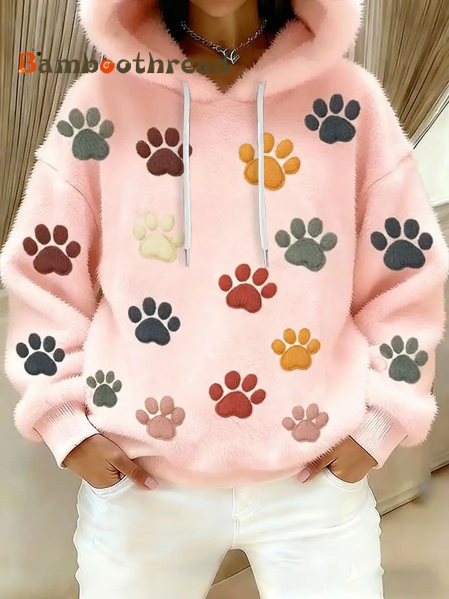 Women’s Cat Paw Printed Flannel Hoodie Pink / S