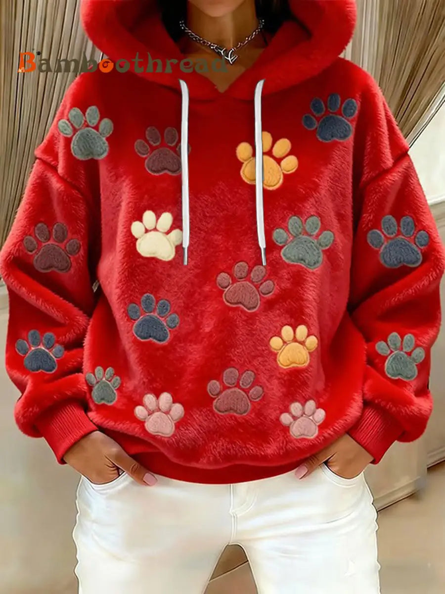 Women’s Cat Paw Printed Flannel Hoodie Red / S