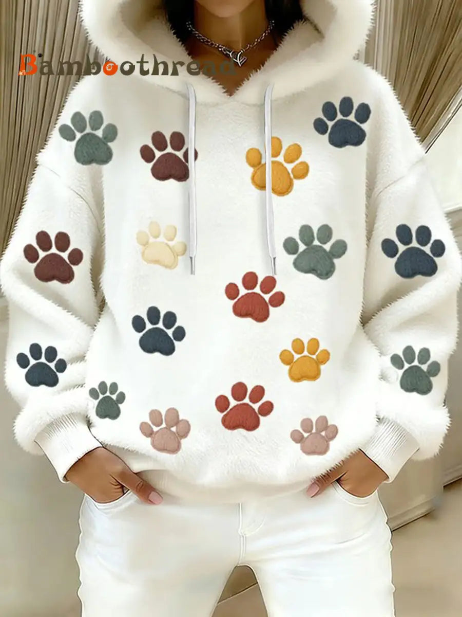 Women’s Cat Paw Printed Flannel Hoodie White / S
