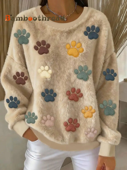 Women’s Cat Paw Printed Flannel Sweatshirt Khaki / S