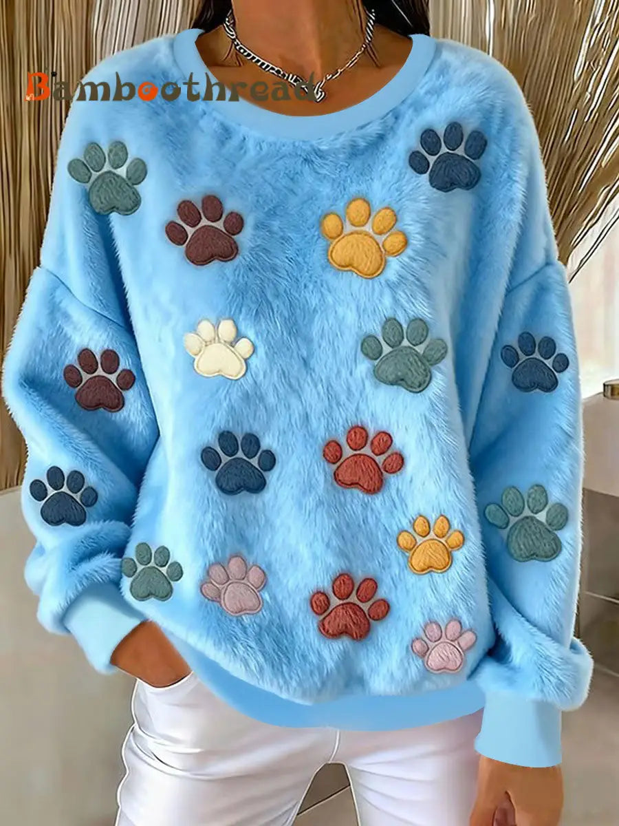Women’s Cat Paw Printed Flannel Sweatshirt Light Blue / S
