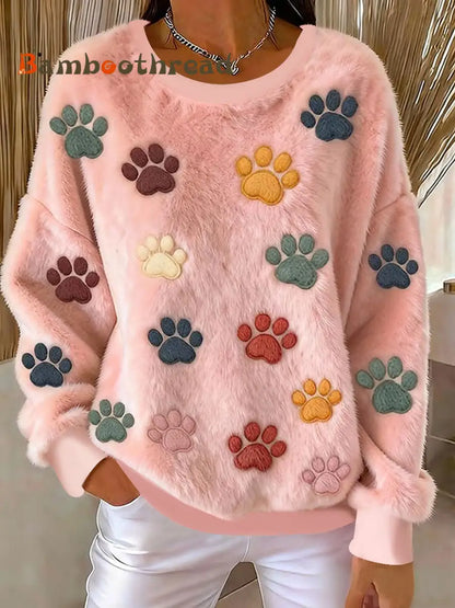 Women’s Cat Paw Printed Flannel Sweatshirt Pink / S