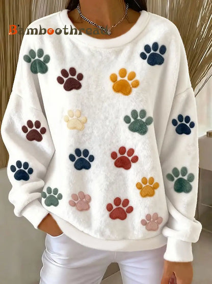 Women’s Cat Paw Printed Flannel Sweatshirt White / S