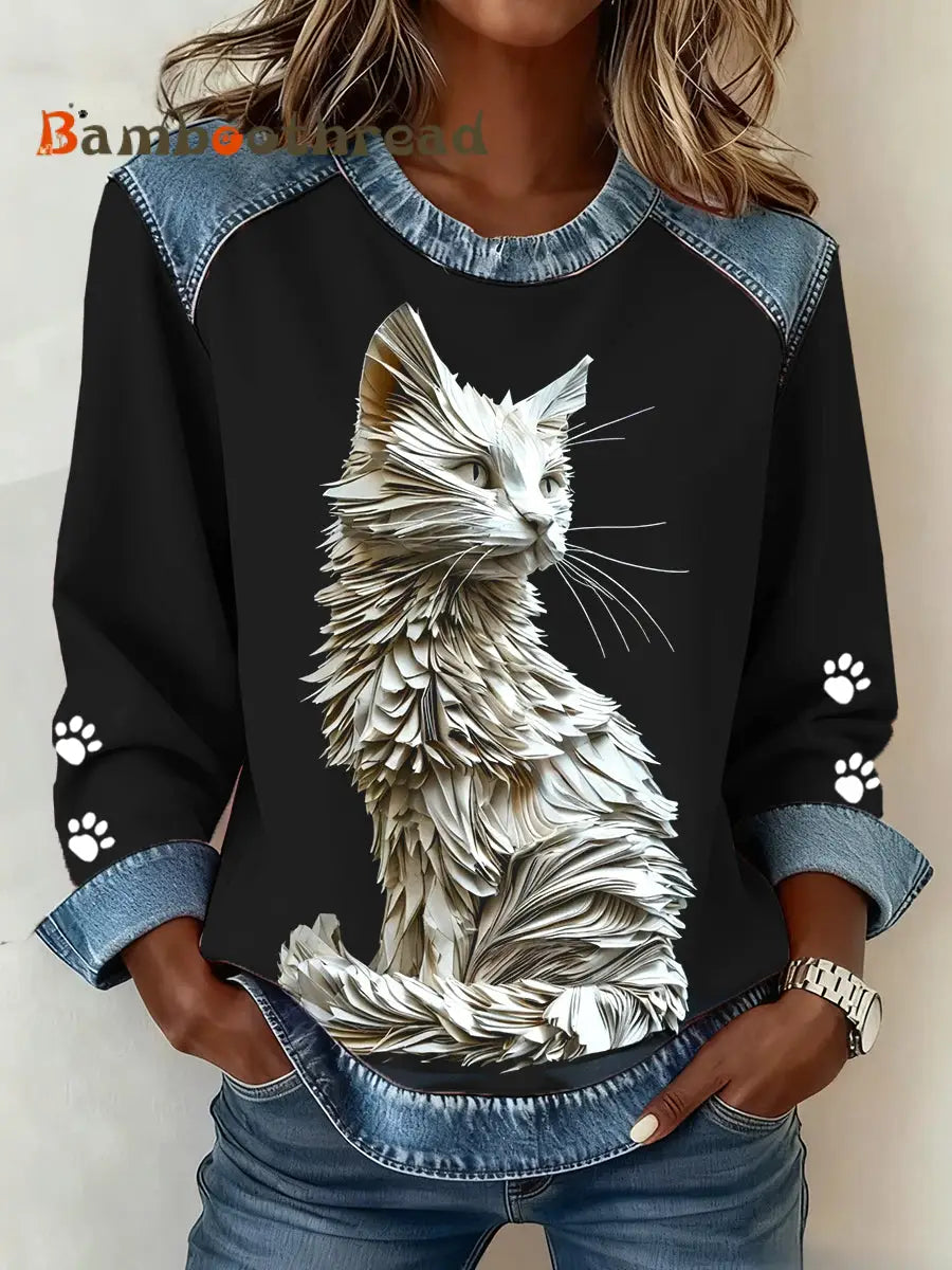 Women’s Cat Paws Art Printed Denim Patchwork Top Black / S