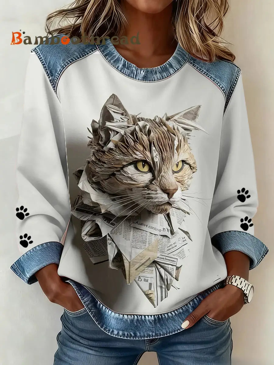 Women’s Cat Paws Art Printed Denim Patchwork Top Light Gray / S