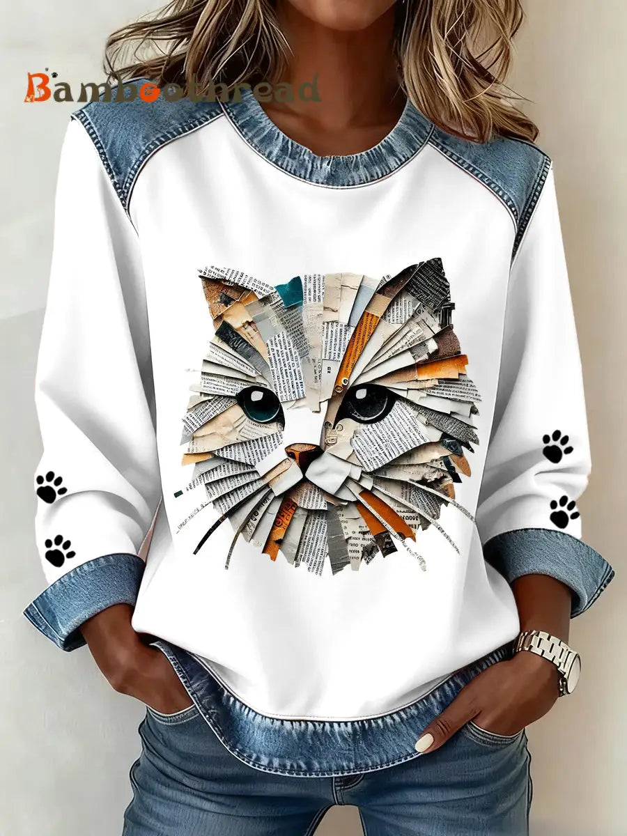 Women’s Cat Paws Art Printed Denim Patchwork Top White / S