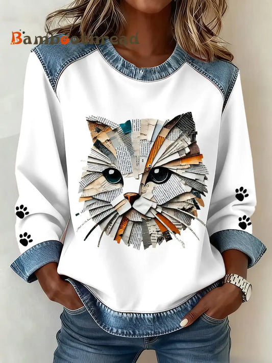 Women’s Cat Paws Art Printed Denim Patchwork Top White / S