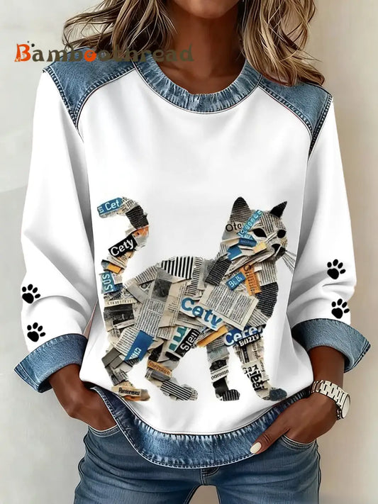 Women’s Cat Paws Art Printed Denim Patchwork Top White / S