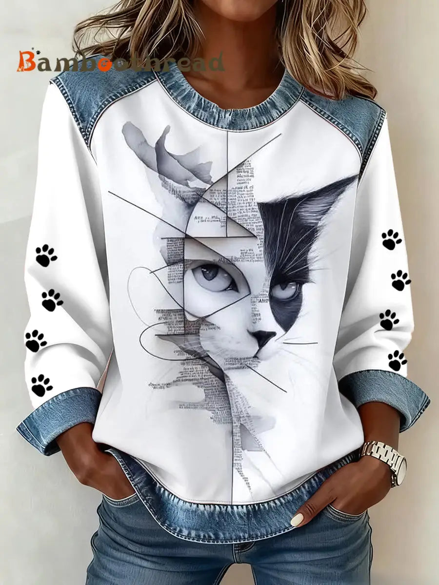 Women’s Cat Paws Art Printed Denim Patchwork Top White / S
