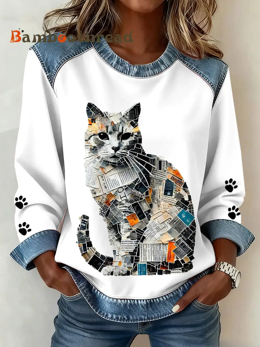 Women’s Cat Paws Art Printed Denim Patchwork Top White / S