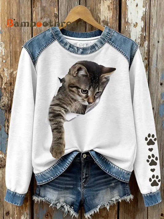 Women’s Cat Print Sweatshirts White / S
