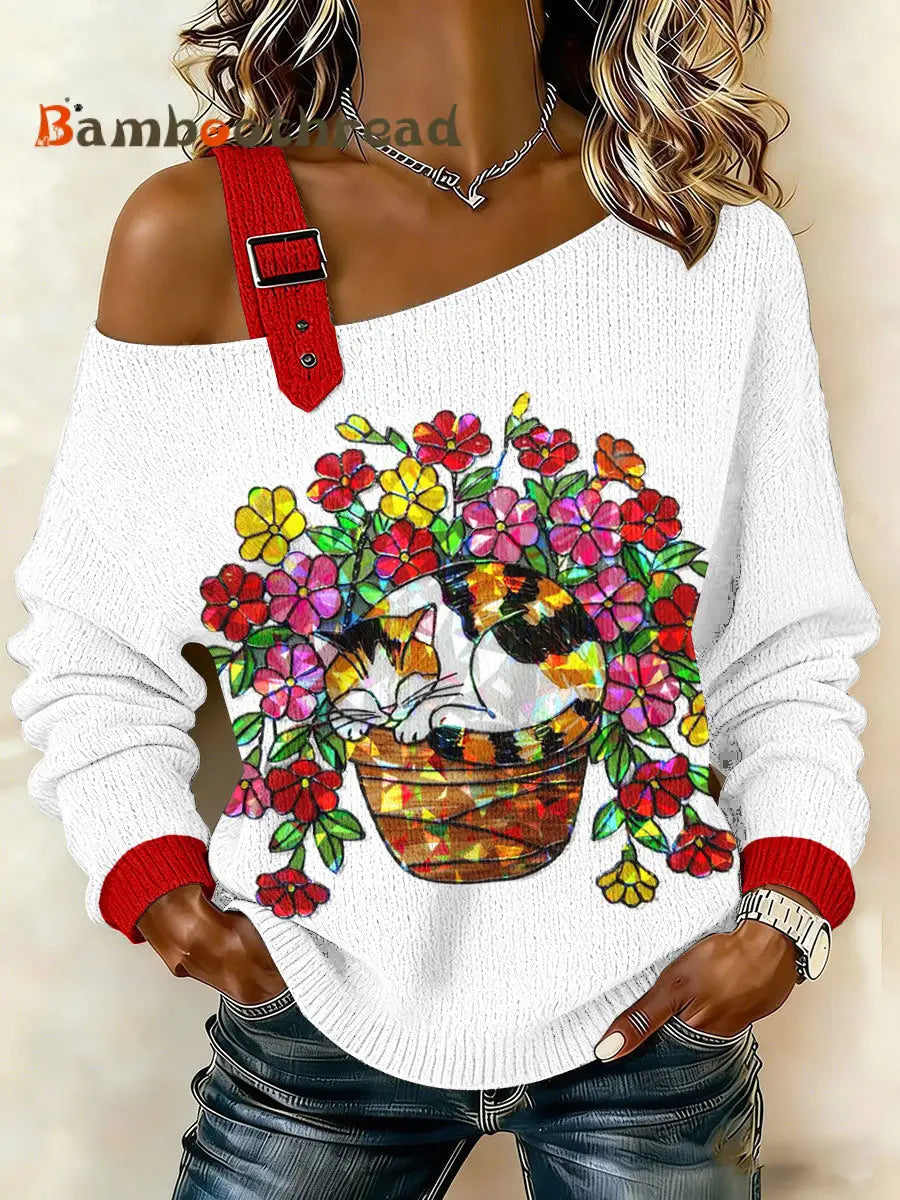 Women’s Cat Print Tops White / S