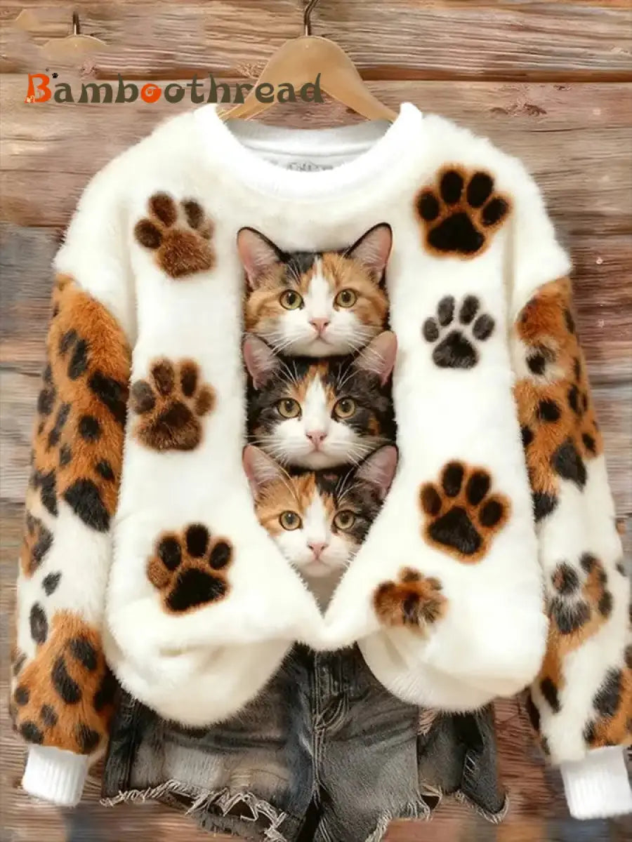 Women’s Cat Printed Flannel Sweatshirt As picture / S