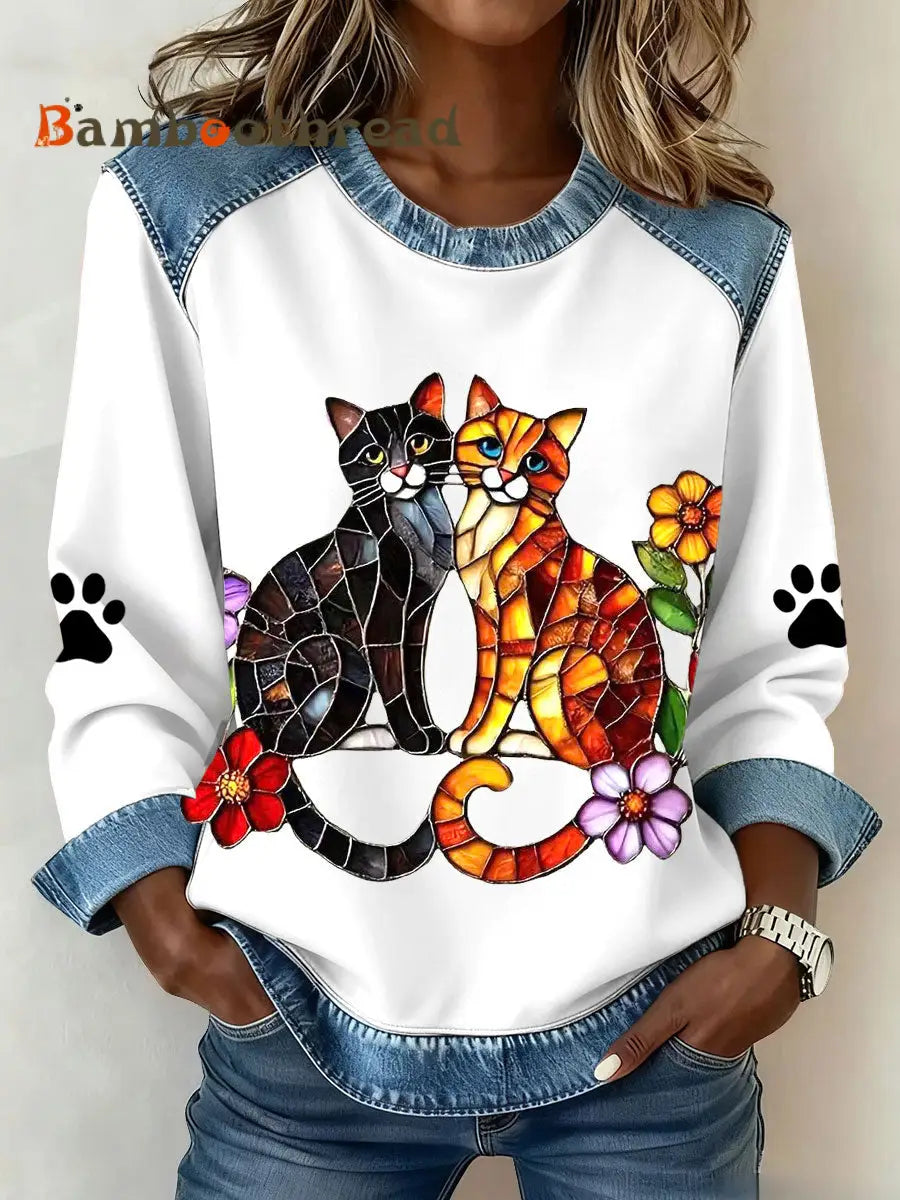 Women’s Cats Print Sweatshirts White / S