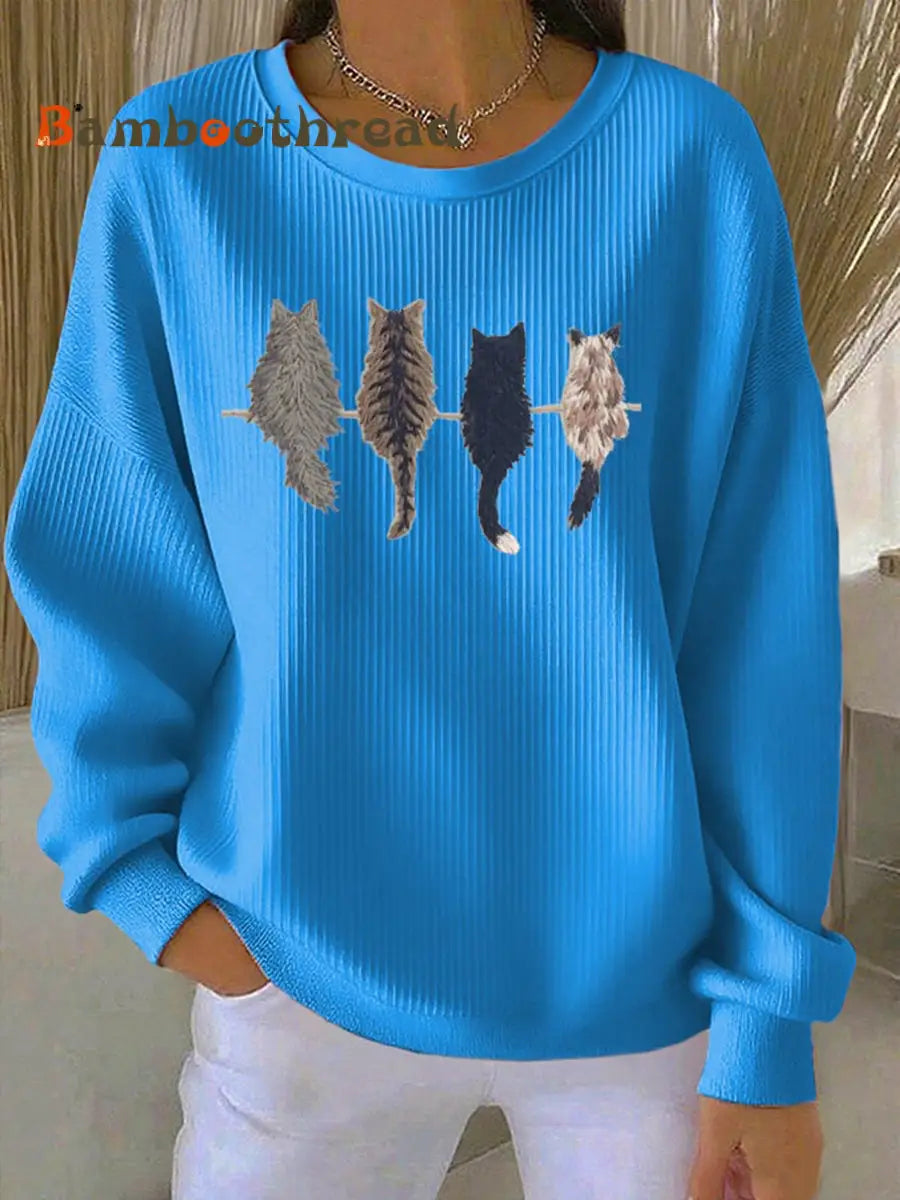Women’s Cat’s silhouette Printed Hooded Sweatshirt Blue / S