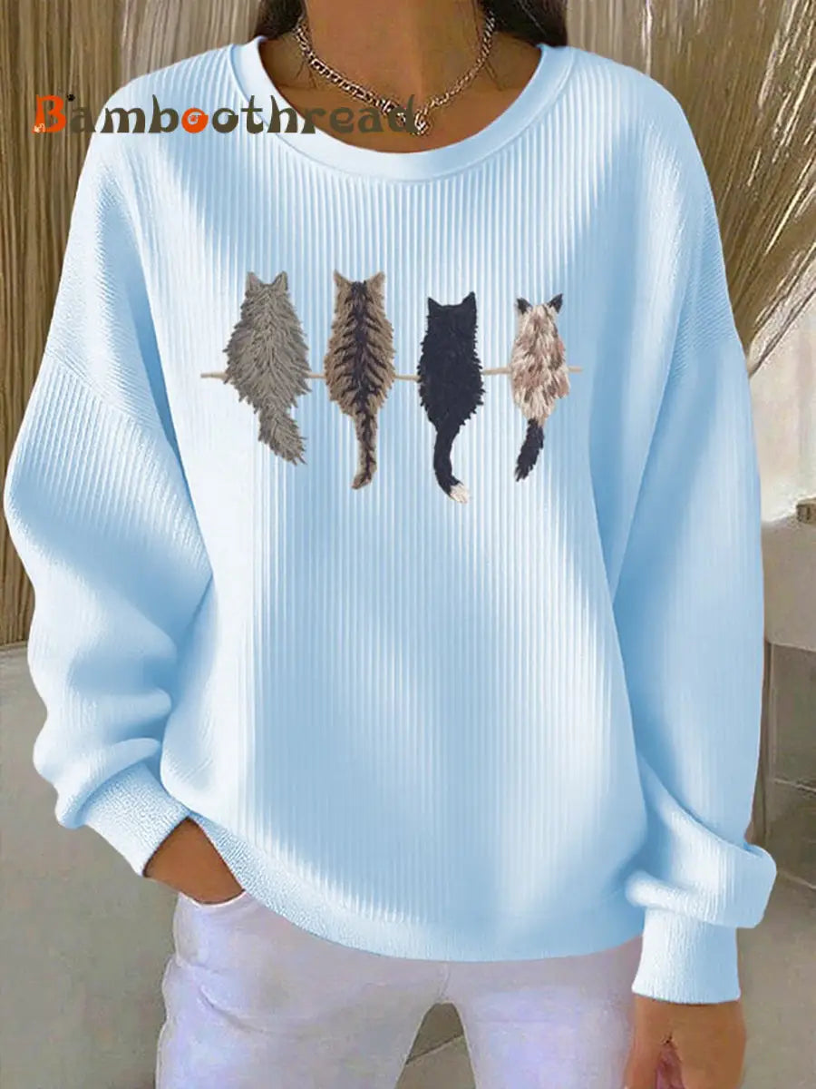 Women’s Cat’s silhouette Printed Hooded Sweatshirt Light Blue / S